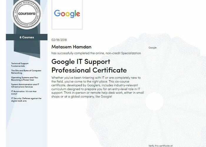 Google IT support Certificate Coursera - Motasem Hamdan