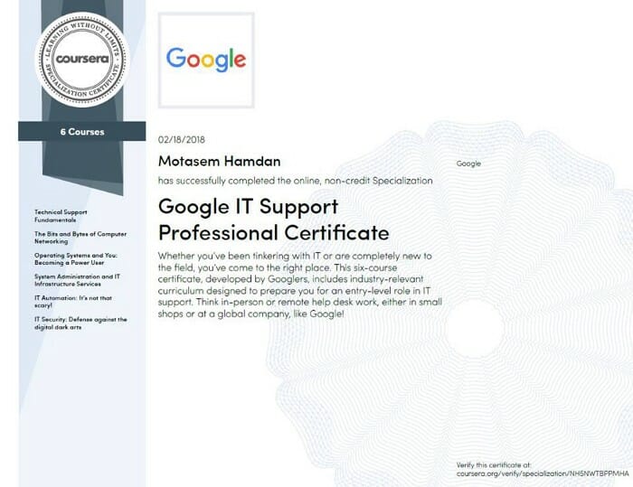 Google IT Support Certificate Review From Coursera Motasem Hamdan