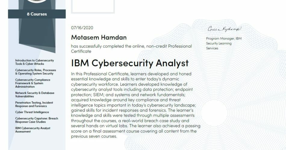 IBM Cyber Security Analyst Professional Certificate review Coursera