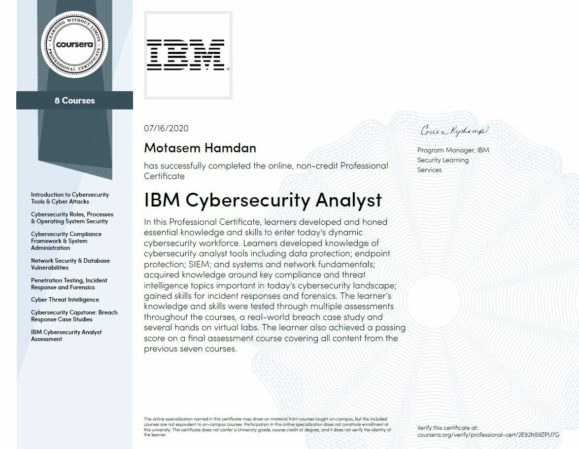 IBM Cyber Security Analyst Professional Certificate Coursera