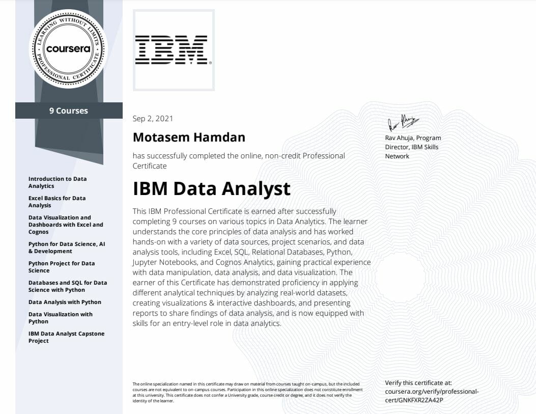 Ibm Data Analyst Professional Certificate Review And Course Notes 7079