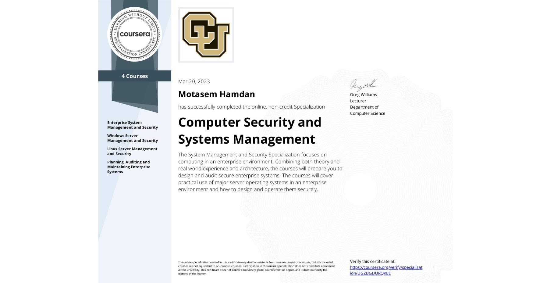 Computer Security and Systems Management Specialization Certificate Review From Coursera