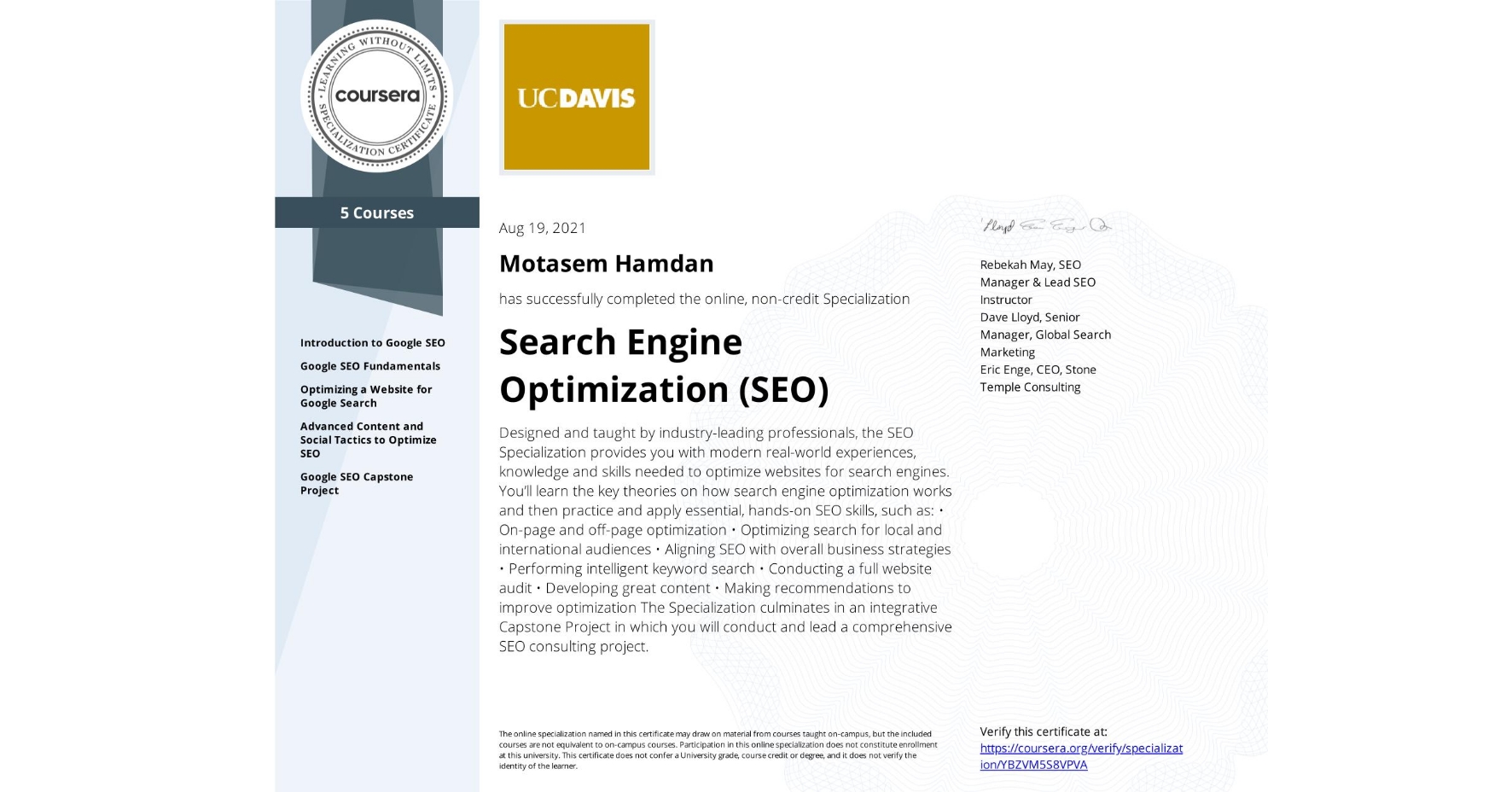 Search Engine Optimization (SEO) Certificate Review From Coursera