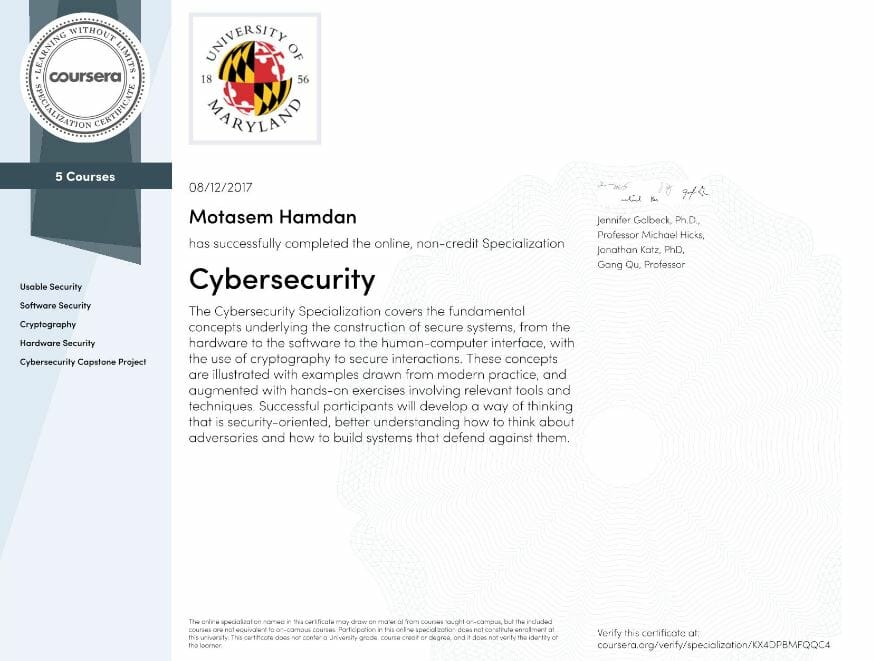 CyberSecurity Specialization Coursera and University of Maryland Review