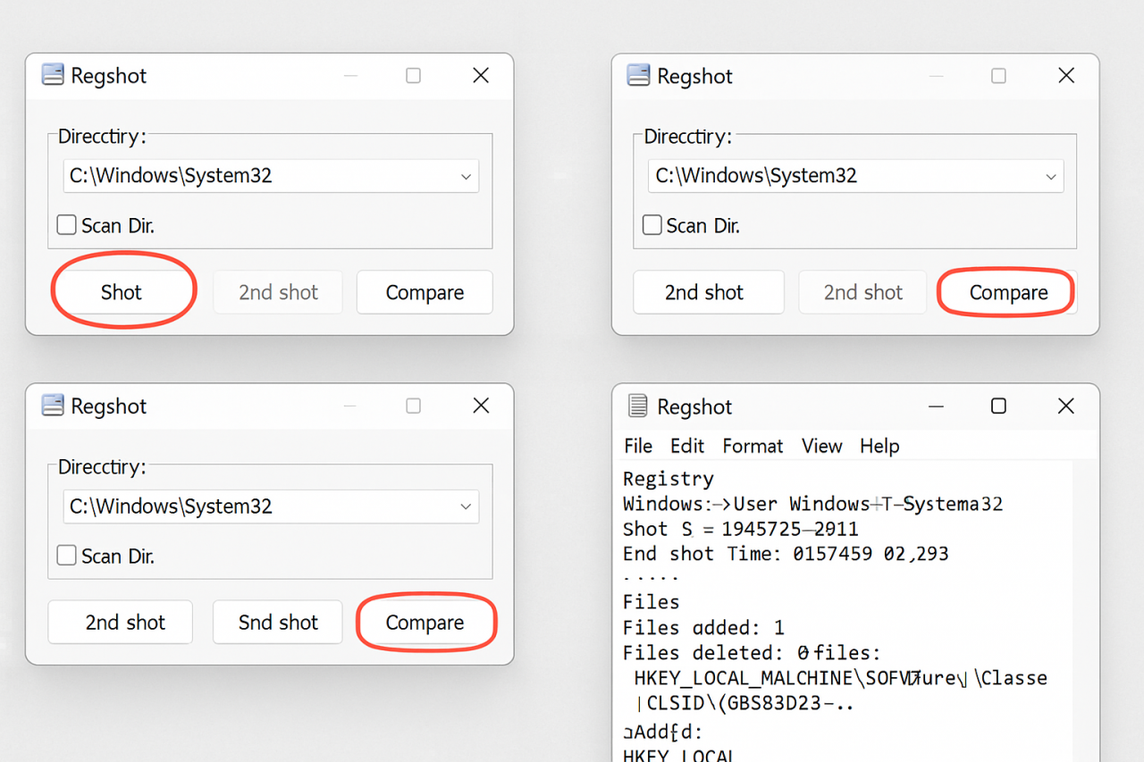 Regshot is a lightweight, open-source tool that compares Windows Registry snapshots before and after an event. It helps forensic investigators spot changes made by programs, malware, or user actions.